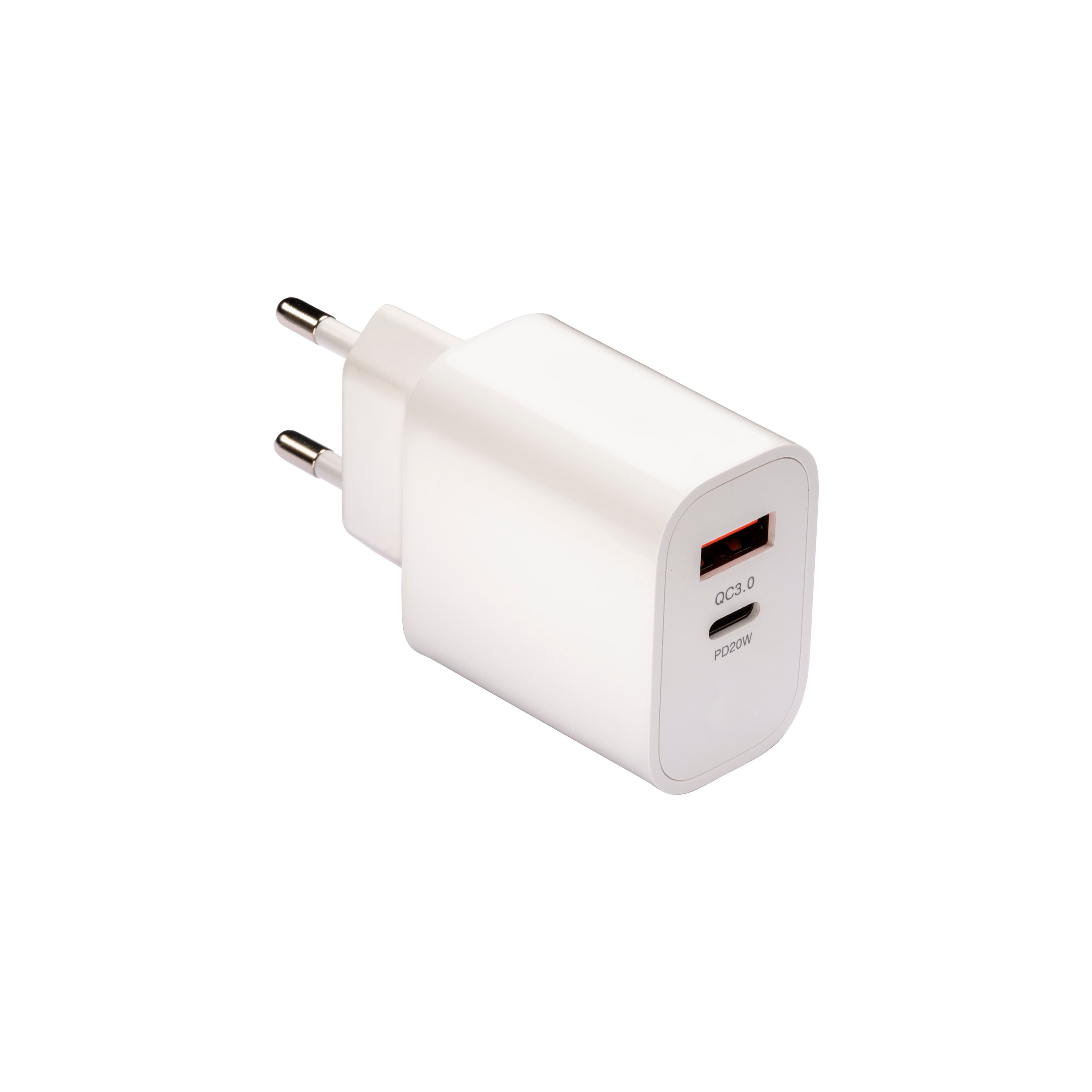 ABS USB зарядний пристрій з 1 портом USB A та 1 портом USB-C. З 2-контактною європейською вилкою
